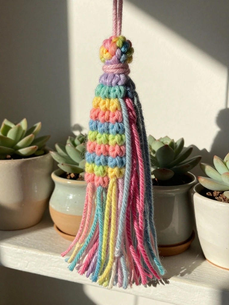 A colorful crocheted tassel with stacked rainbow stripes and long fringe hangs in front of potted succulents.