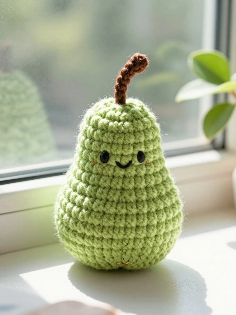 Green crocheted pear with smiling face and brown stem on sunny windowsill
