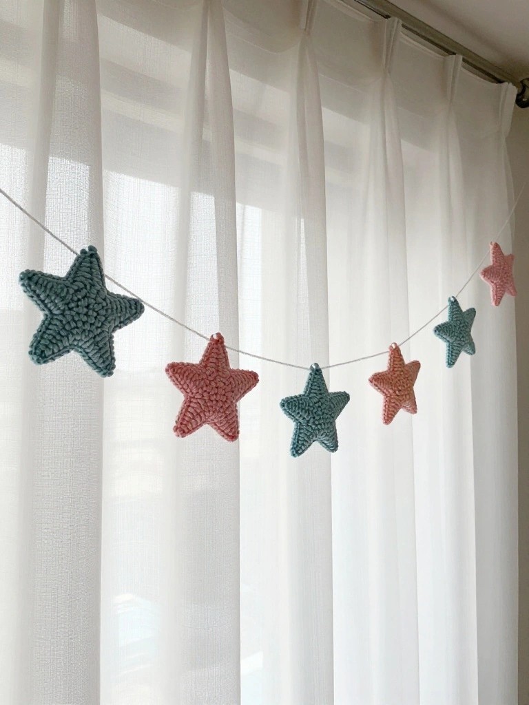 Teal and pink crocheted star garland hanging before white sheer curtains.