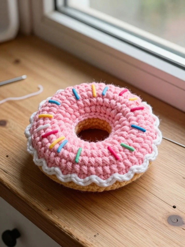Pink crocheted donut with colorful sprinkles on wooden windowsill beside hook and yarn