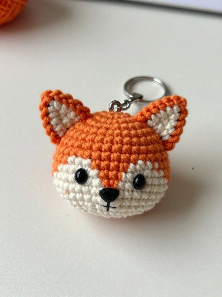 A crocheted orange fox head keychain with white muzzle and inner ears attached to a metal ring.