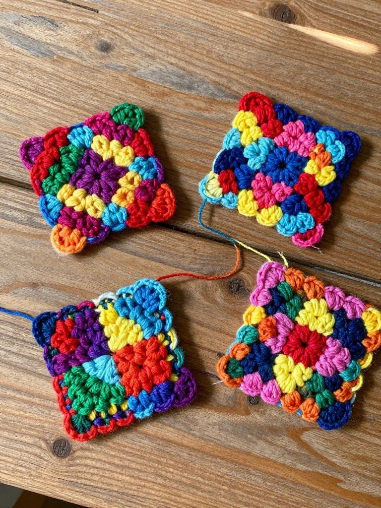 Four small multicolored crochet granny squares on a wooden table with loose yarn ends.