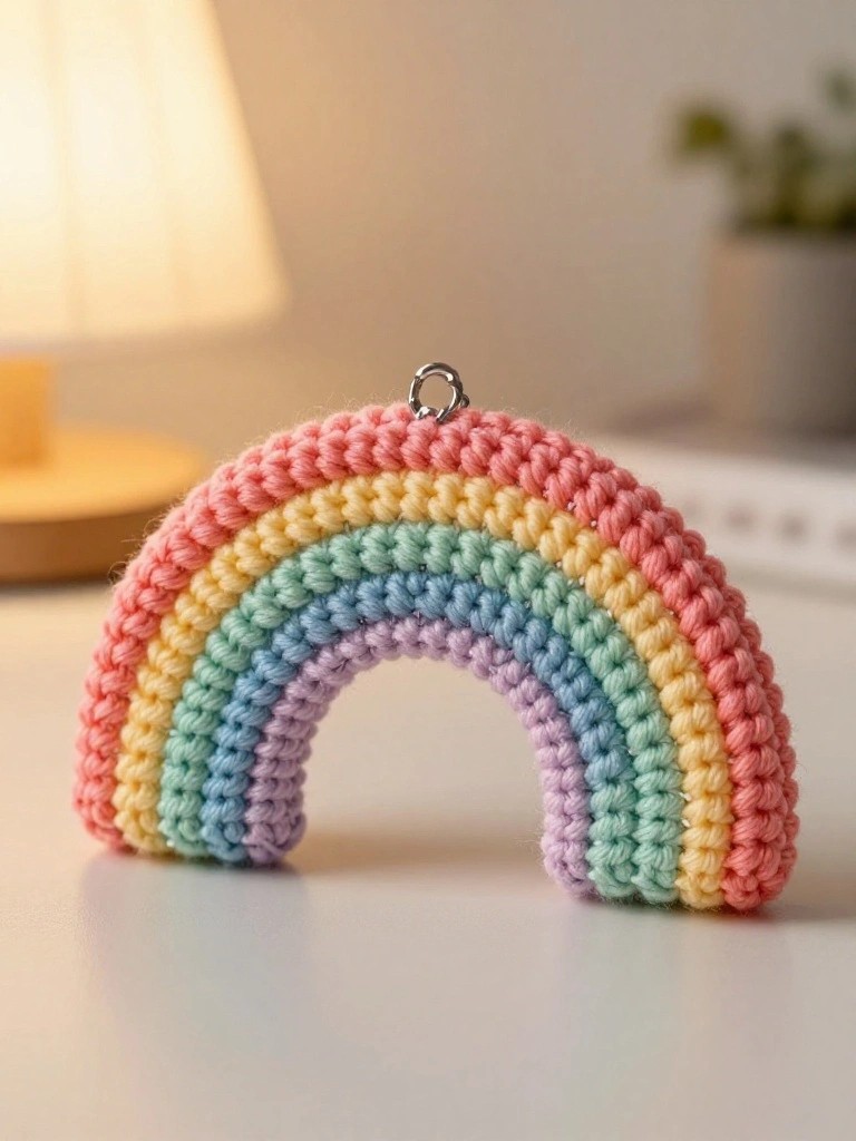 Crocheted pastel rainbow arch with metal loop atop white surface
