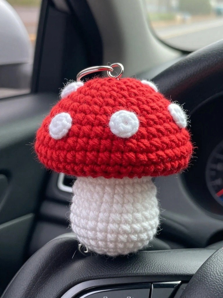 Crocheted red mushroom keychain with white spots on car steering wheel