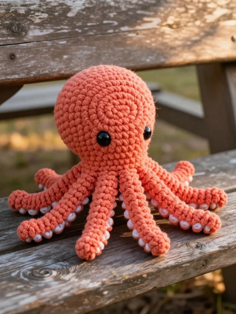 Coral crocheted octopus plush with black eyes and white suckers on wooden bench