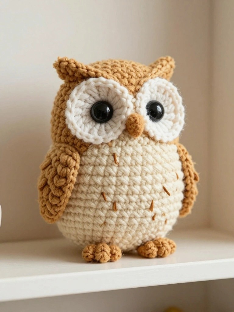 Crocheted brown and cream owl with large eyes sitting on a white shelf.