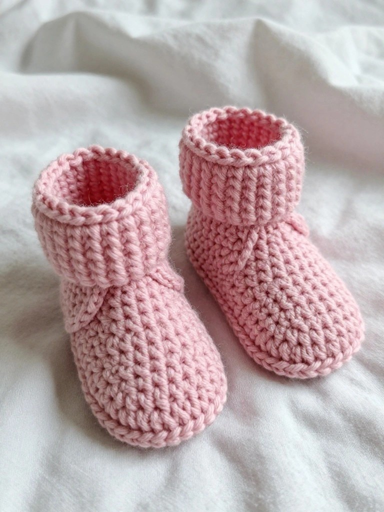 Two pink knitted baby booties on wrinkled white fabric