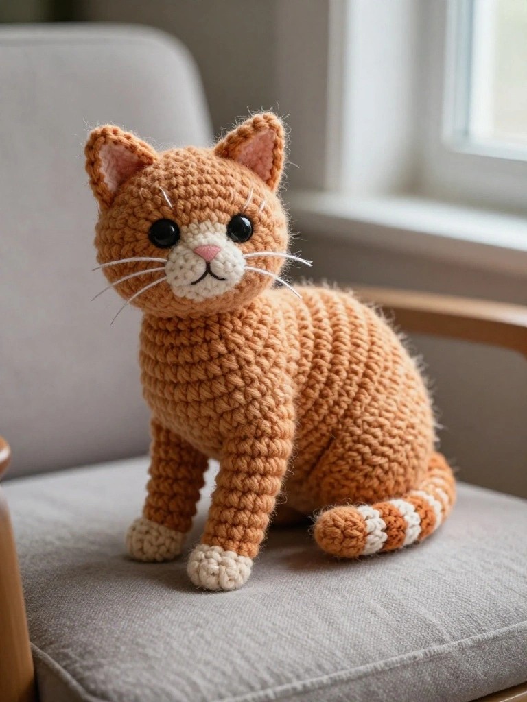 Crocheted orange cat with white muzzle and striped tail on gray cushion