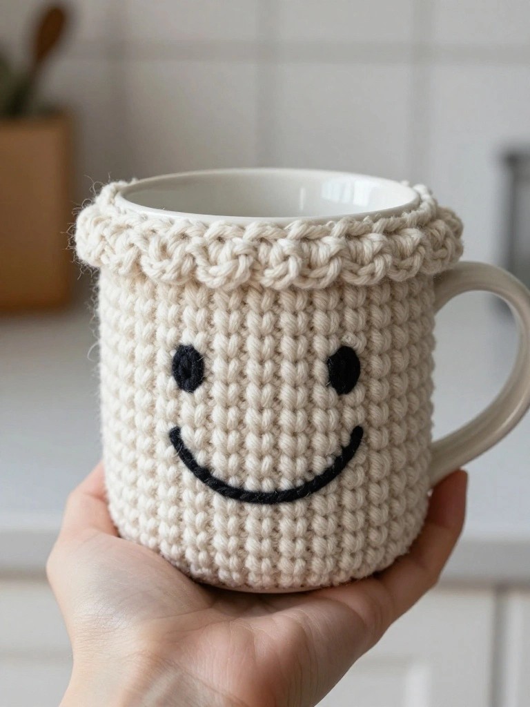 A hand holds a white mug covered by a beige crocheted cozy featuring a black smiley face.