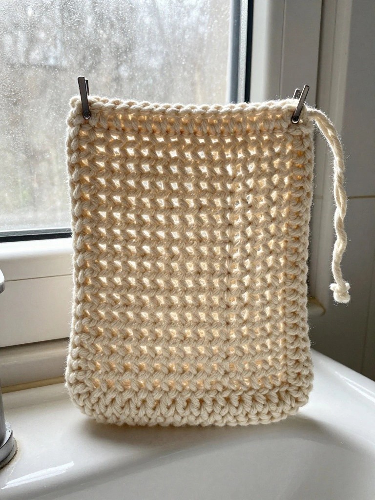 Cream crocheted square clipped to window, sunlight glowing through open stitches above sink