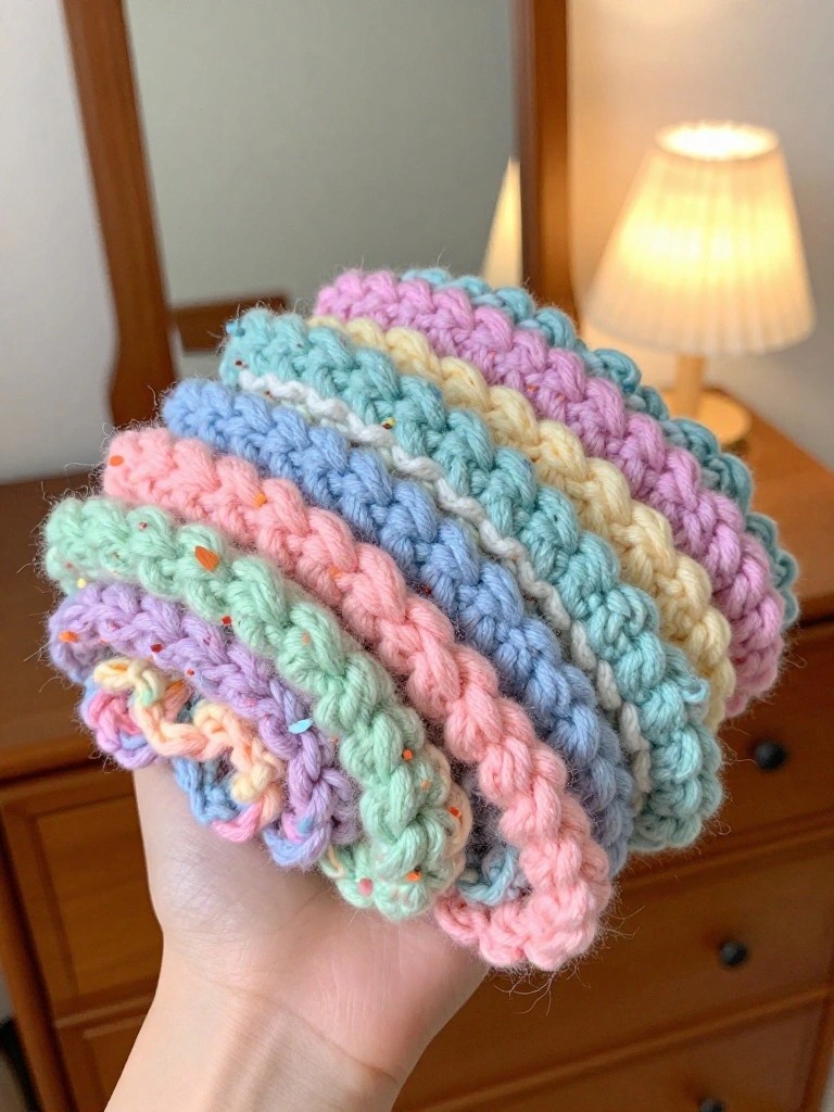 Hand holding stack of pastel rainbow crocheted headbands with sparkles