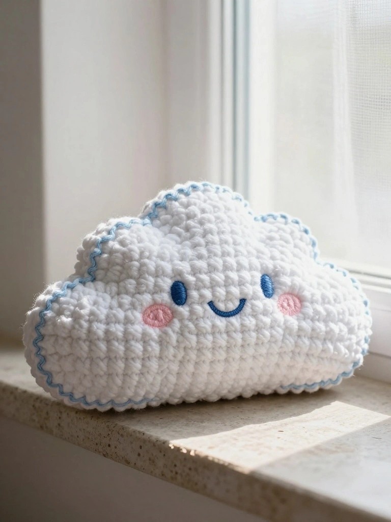 A white crocheted cloud pillow with embroidered blue eyes, pink cheeks, and a smile rests on a stone windowsill.