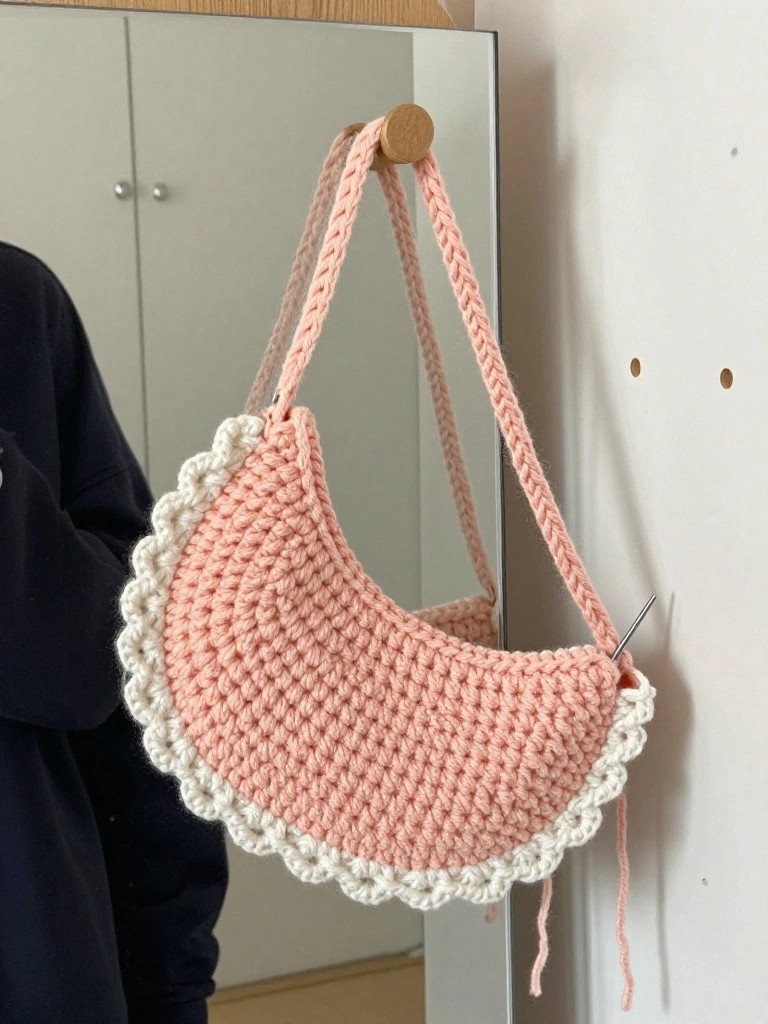 Pink crocheted crescent bag with white scalloped trim and braided straps on hook