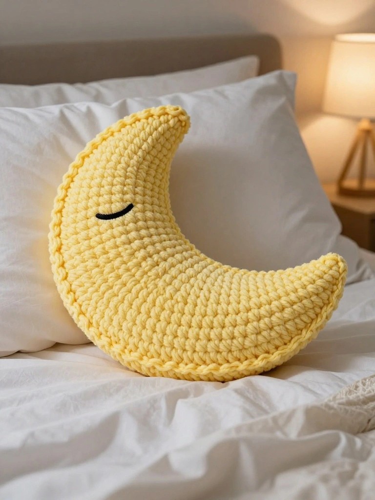 Yellow crocheted crescent moon pillow with sleeping face on white bedding