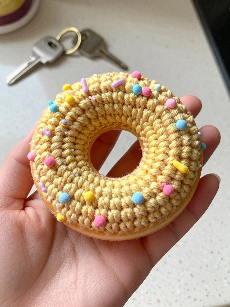 Hand holding yellow crocheted donut with pink, blue, and yellow sprinkles