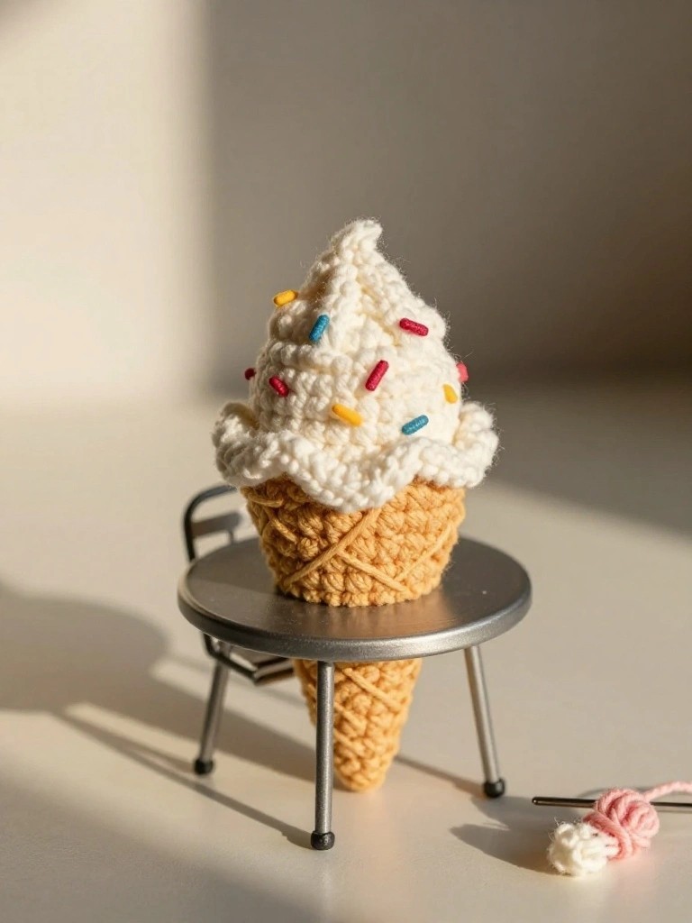 Crocheted ice cream cone with sprinkles on miniature metal stand, yarn nearby