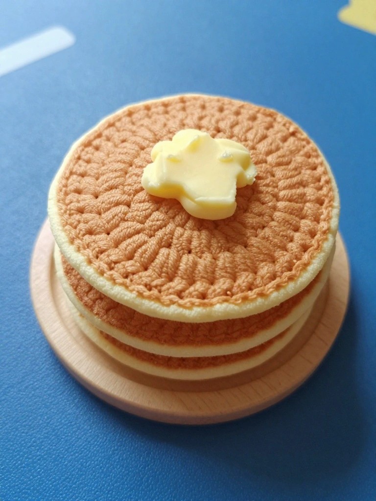 Stacked crocheted pancakes topped with yellow flower-shaped butter on wooden plate.