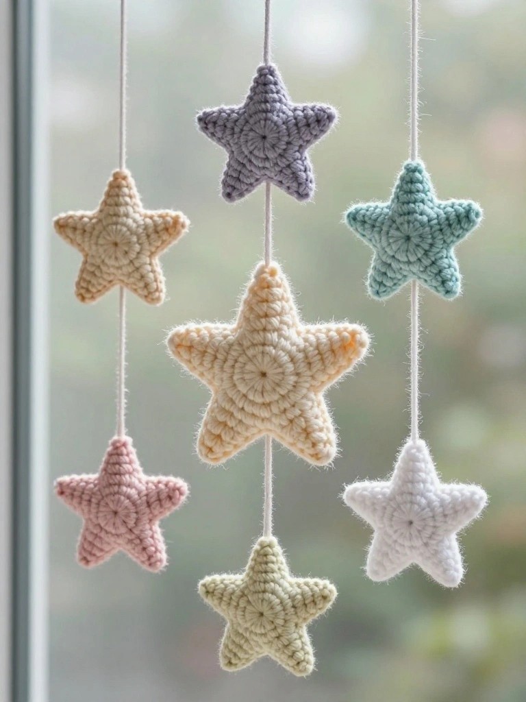 Several crocheted stars in pastel colors hang from white strings in front of a window.