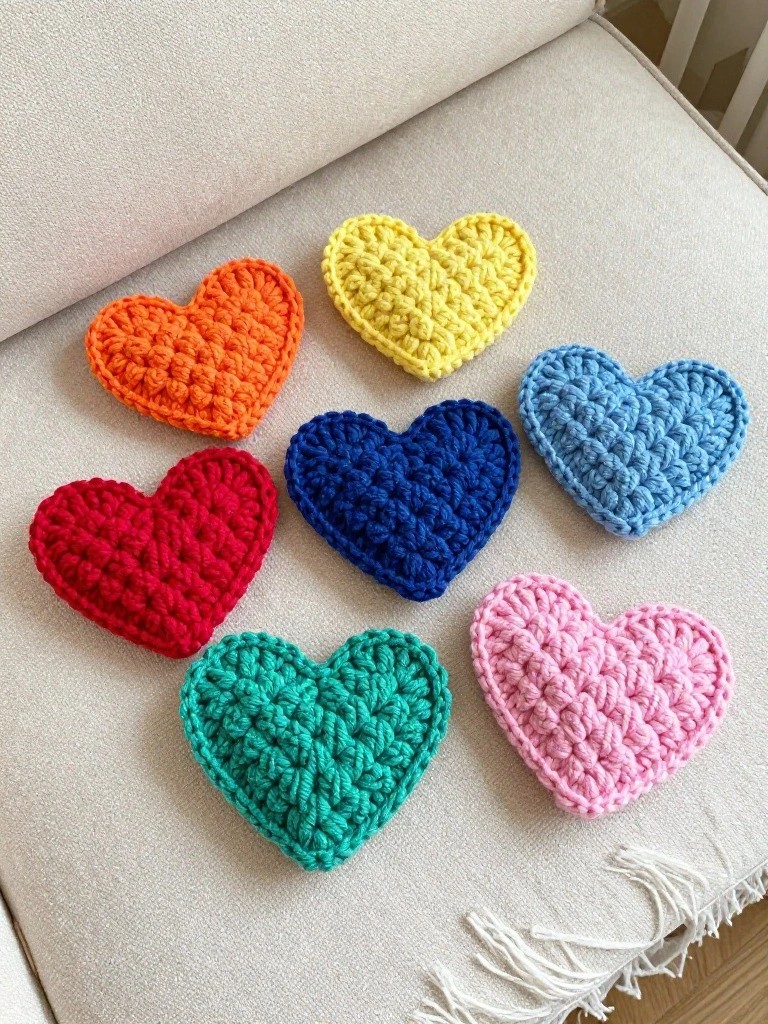Seven colorful crocheted hearts arranged on a light beige couch cushion.