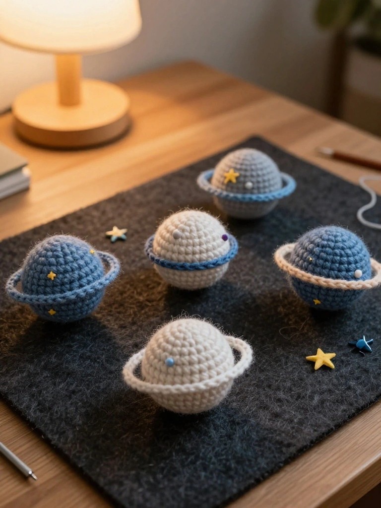 Five crocheted planets with rings in blue and white on a dark mat