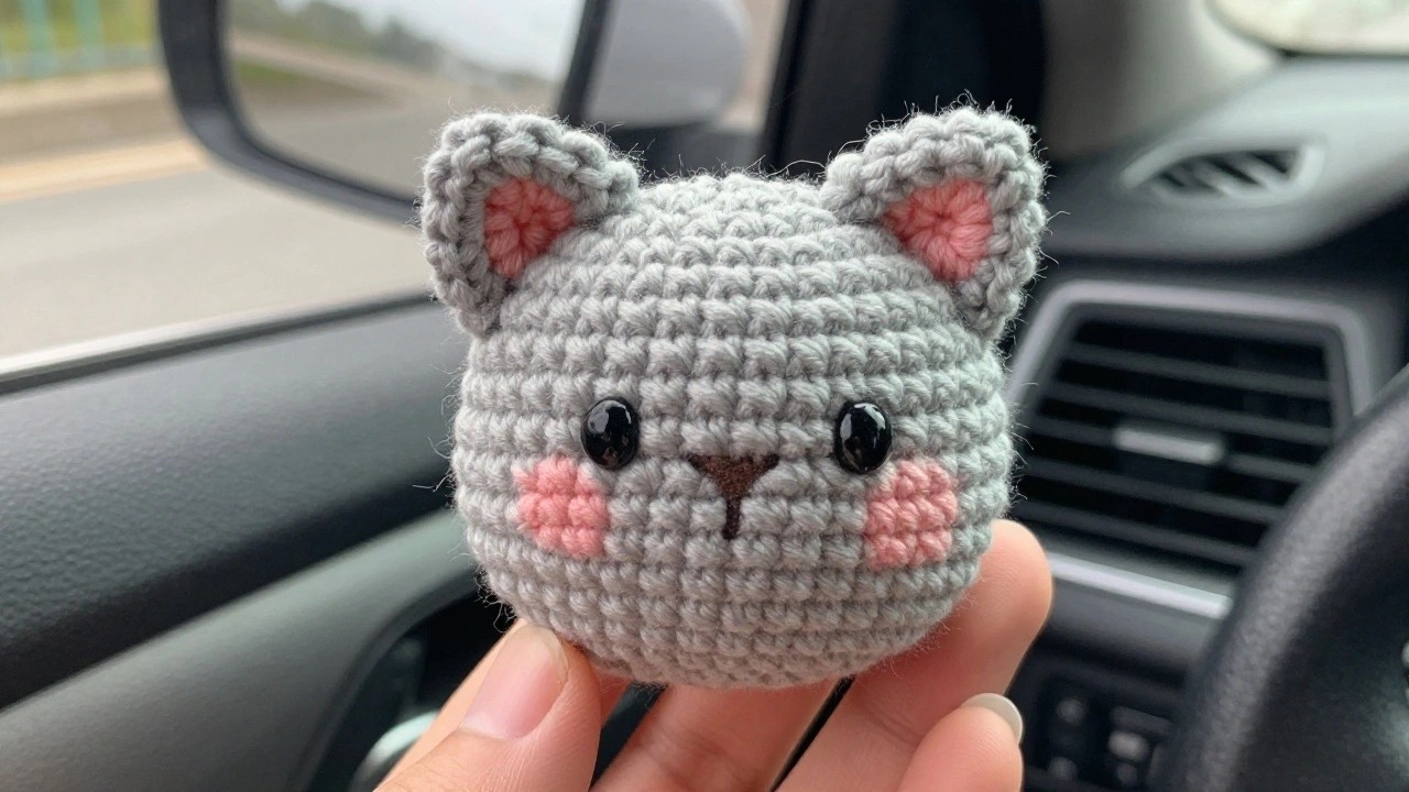 Hand holding gray crocheted cat toy with pink cheeks inside car