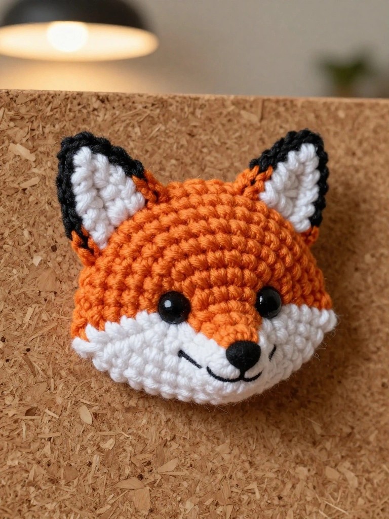 Crocheted orange fox head with white muzzle, black ears, and stitched smile on cork.