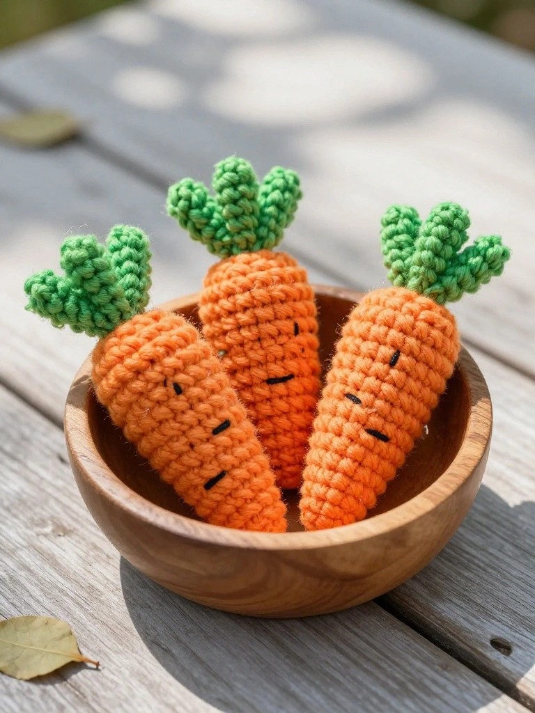 Three crocheted orange carrots with green tops and faces in a wooden bowl