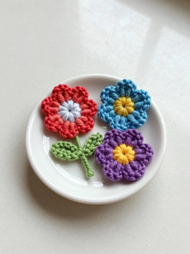 Three crocheted flowers in red, blue, purple with green stem on white plate