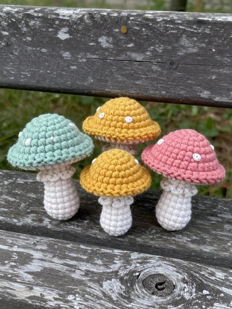 Four small crocheted mushrooms with white stems and spotted caps in mint, yellow, and pink sit on a weathered wooden bench.