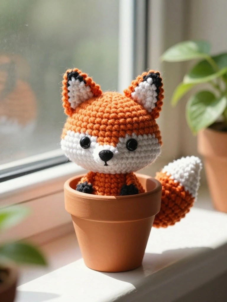 Orange crocheted fox with white face in terracotta pot on sunny windowsill