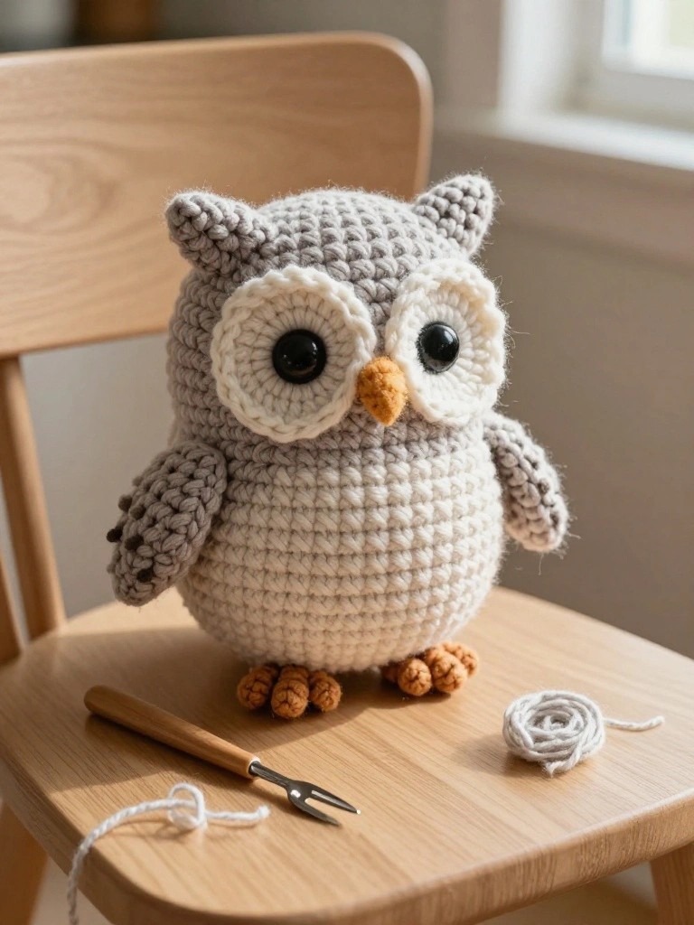 Crocheted gray and white owl on wooden chair beside hook and yarn ball