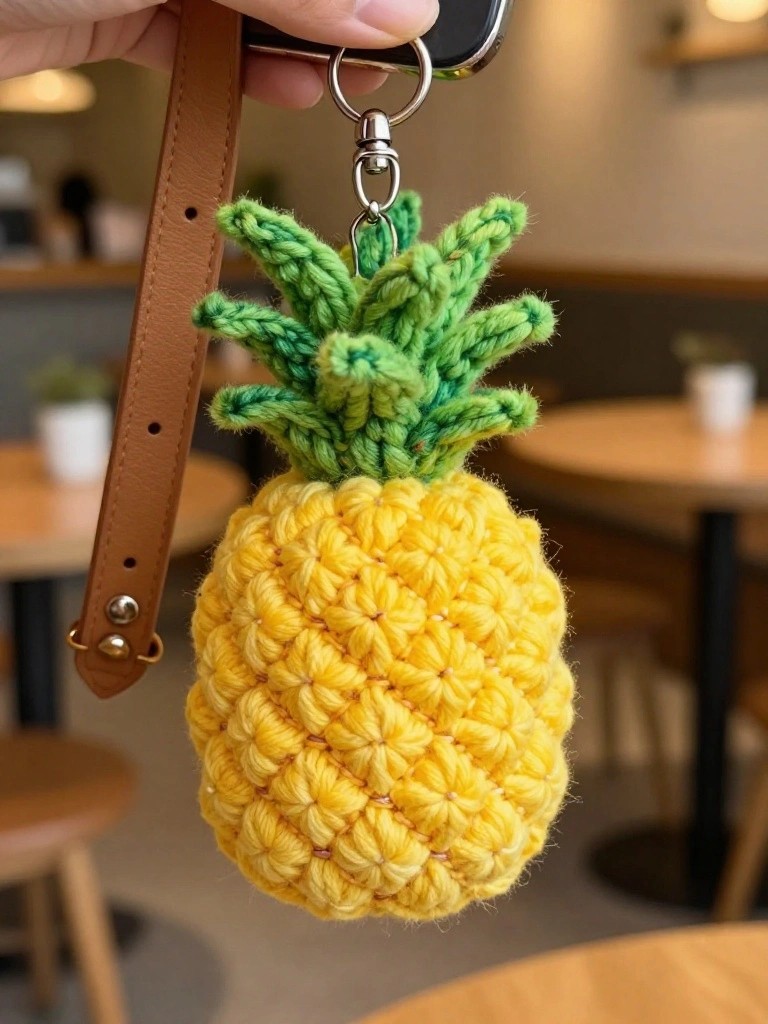 A yellow crocheted pineapple with a green leafy top hangs from a metal keyring attached to a brown leather strap.
