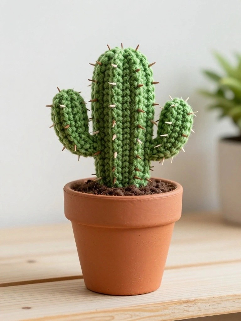 A green crocheted cactus with spines in a terracotta pot on a wooden surface.