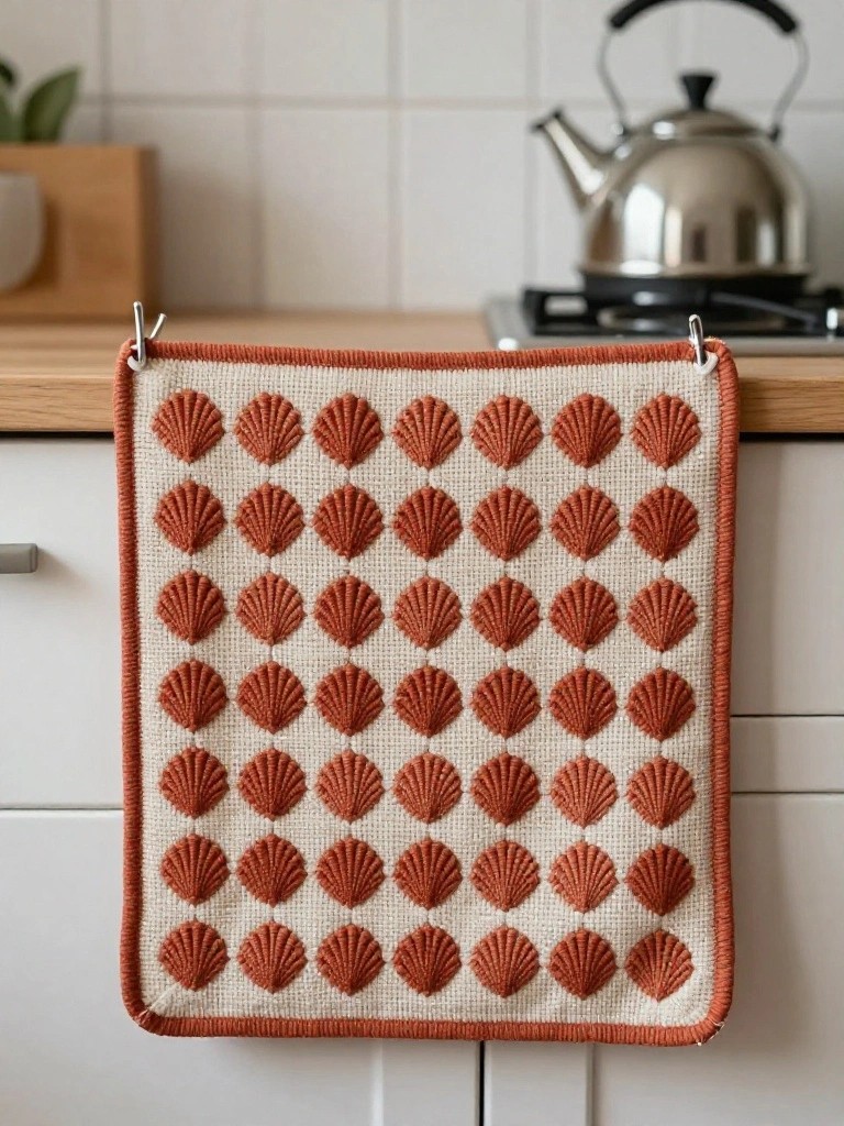 Beige towel with terracotta seashell embroidery hanging on kitchen cabinet hooks