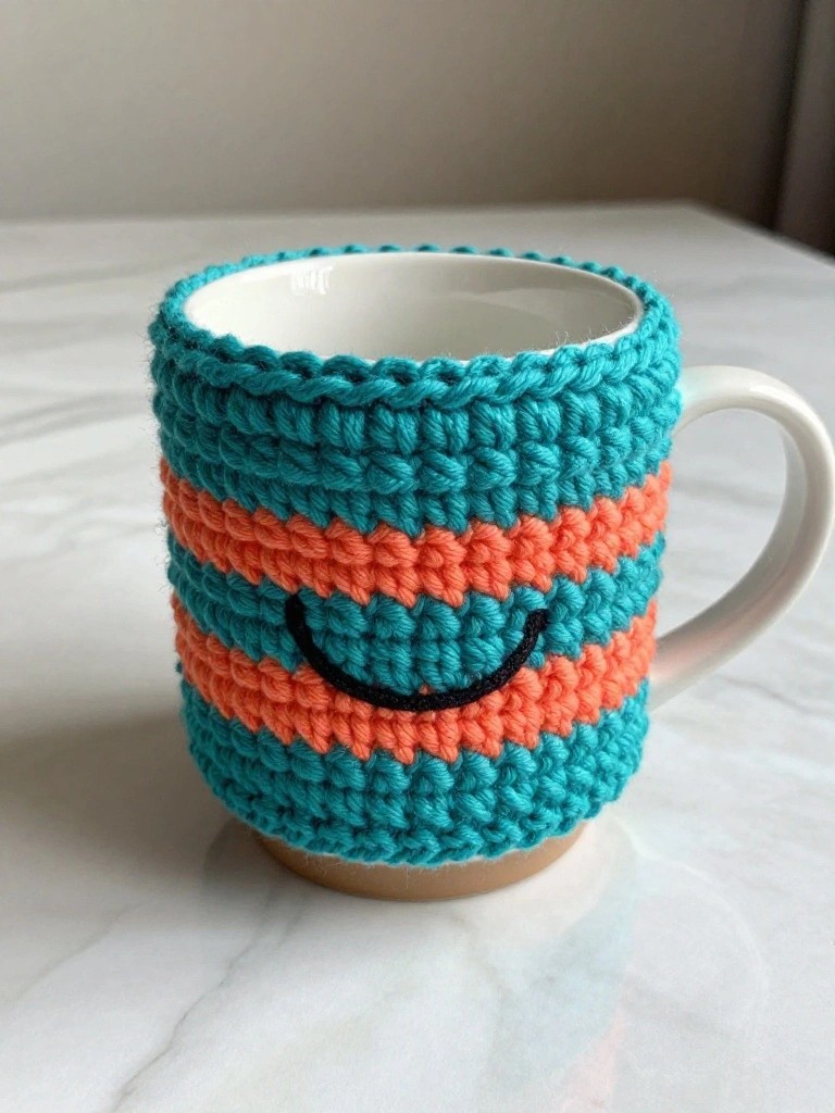 Teal and orange striped crochet cozy on white mug with black smile