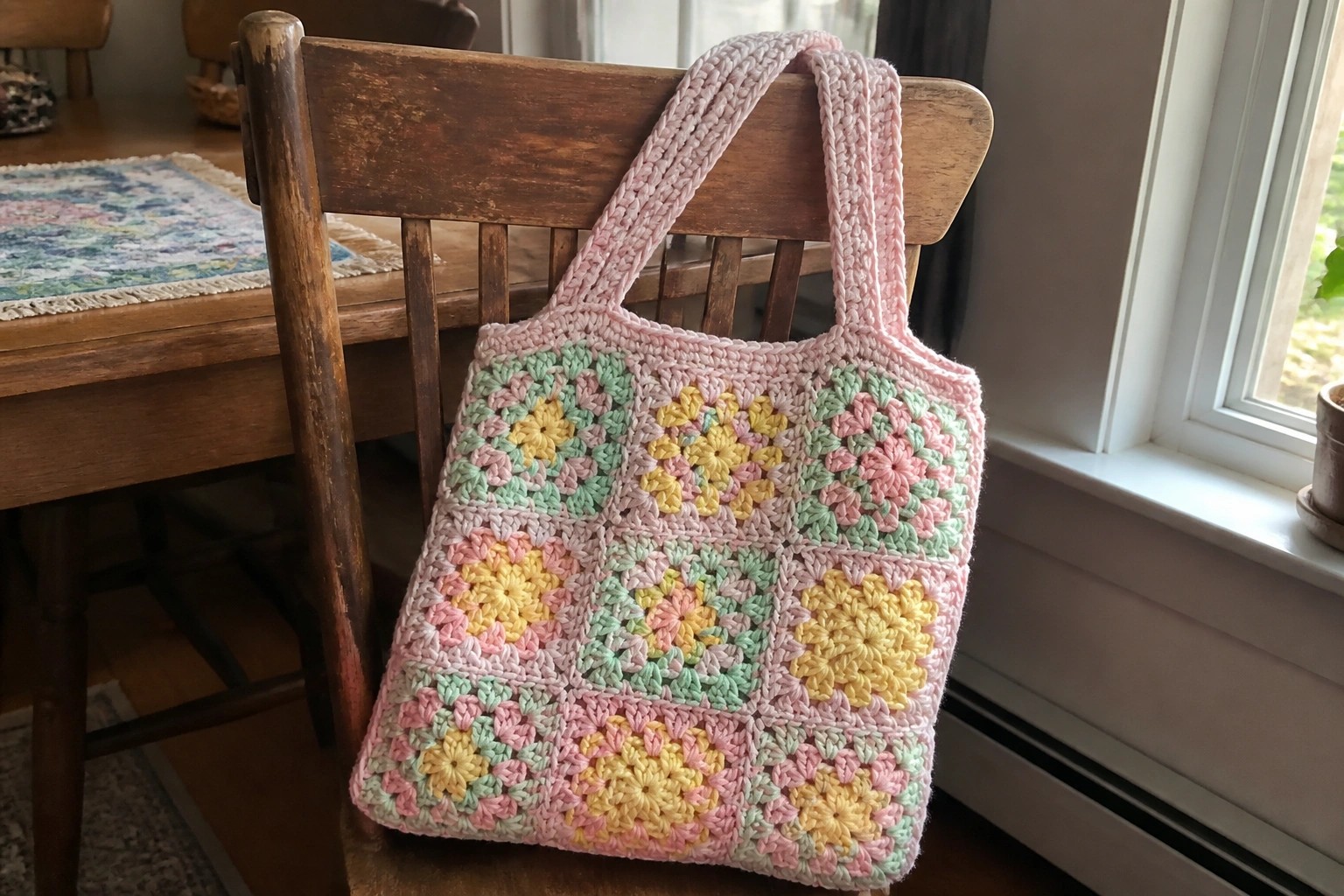 Pastel granny square crocheted tote bag on wooden chair back.