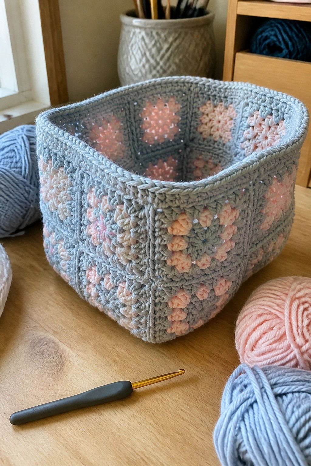 Pastel granny square crochet basket on wooden table with yarn and hook.