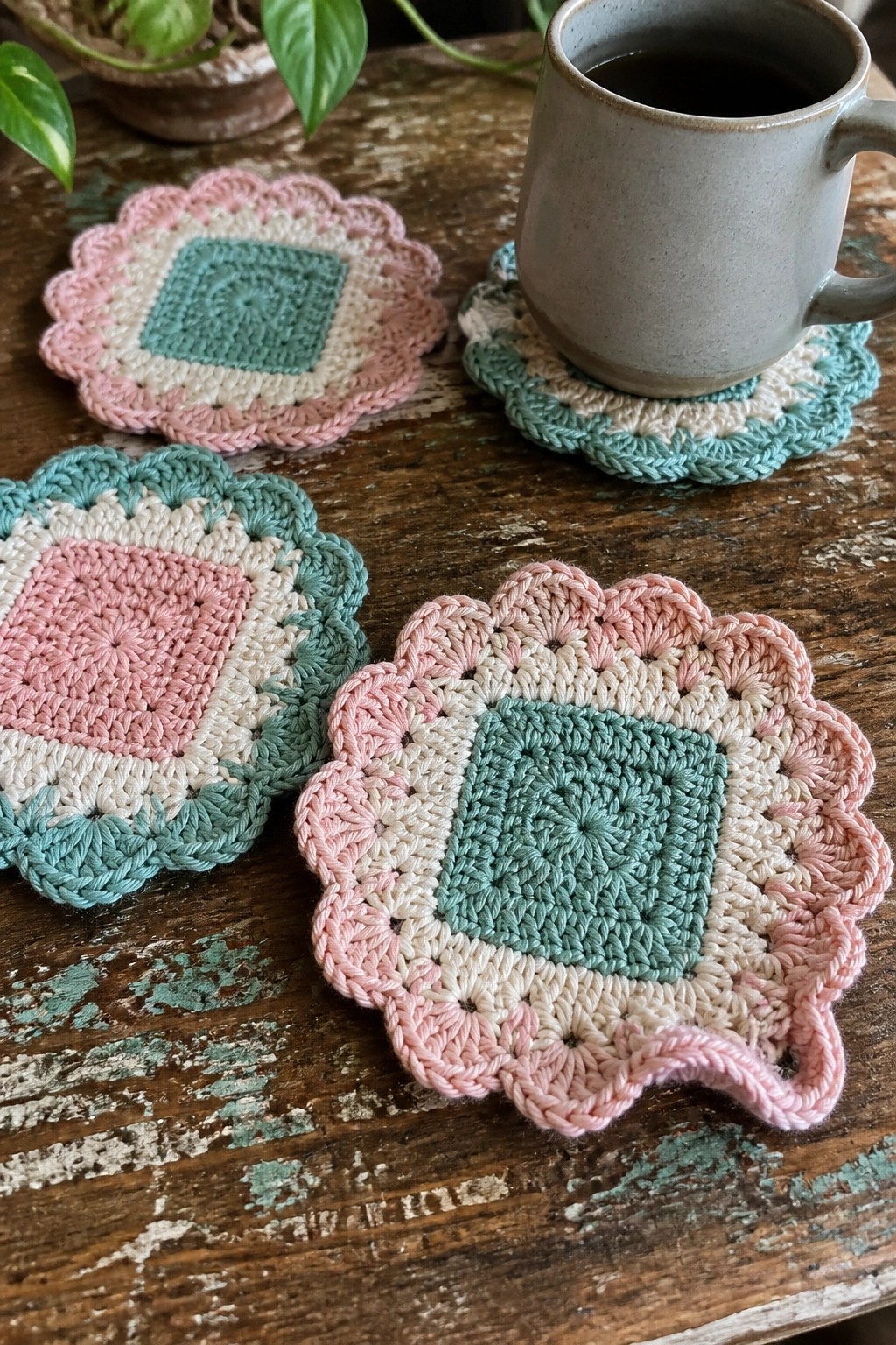 Three pastel crochet coasters with scalloped edges and coffee mug on rustic wood