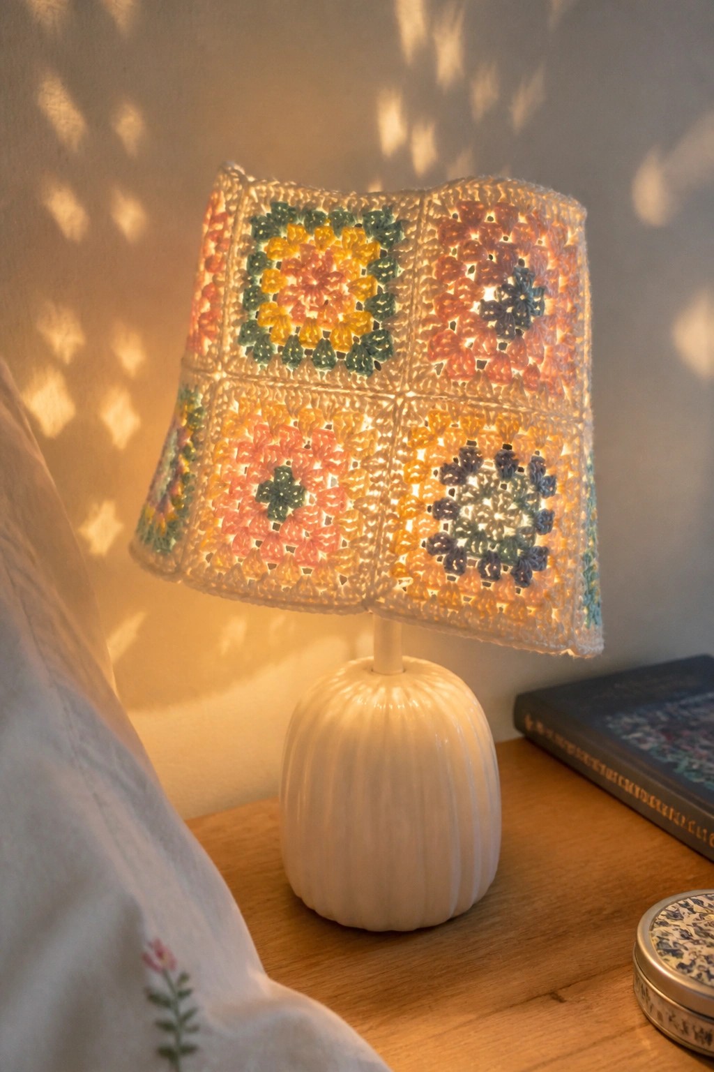 Illuminated colorful crocheted granny square lampshade on white pumpkin-shaped ceramic base
