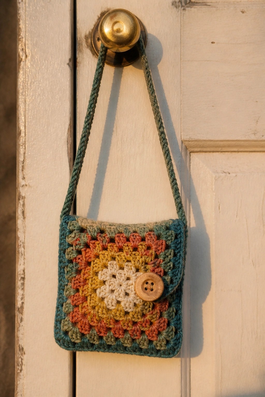 Colorful crocheted granny square bag with wooden button hanging from brass doorknob.