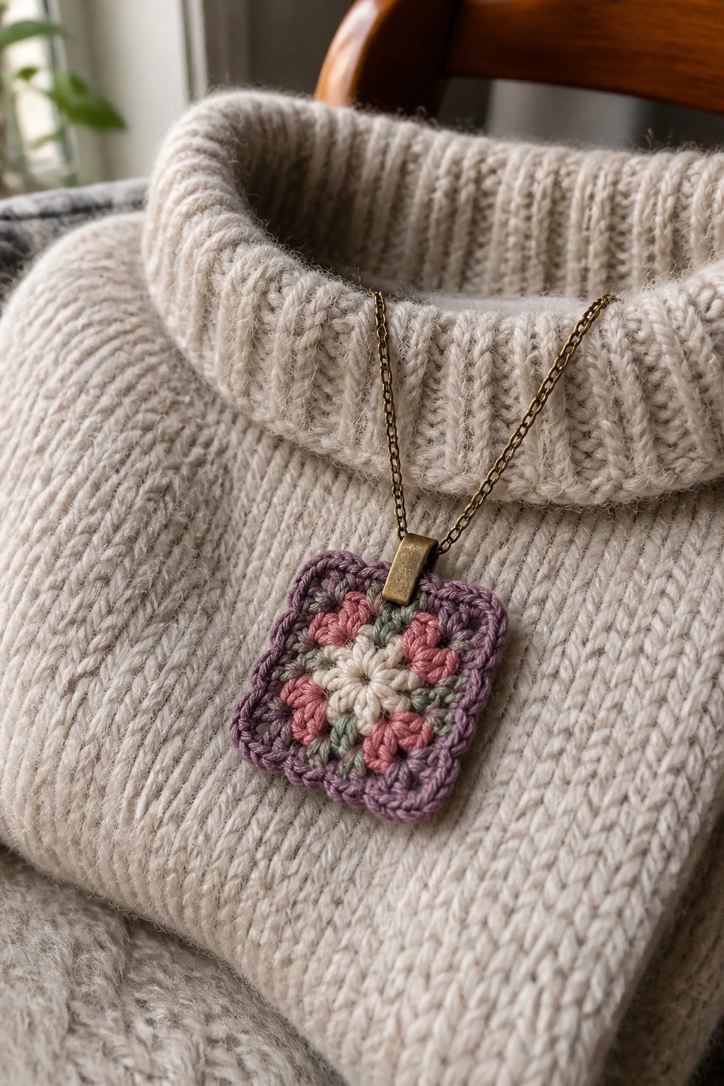 Knitted beige turtleneck sweater with colorful crocheted granny square pendant necklace