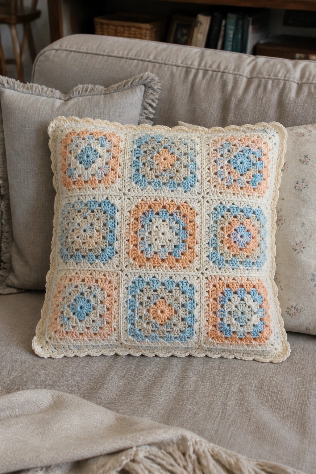 Pastel granny square crochet pillow with scalloped edge on beige couch