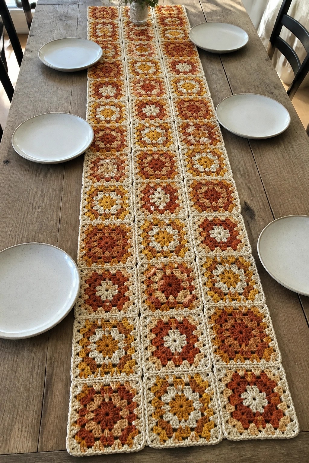 Colorful crocheted granny square table runner in fall tones on wooden dining table with plates