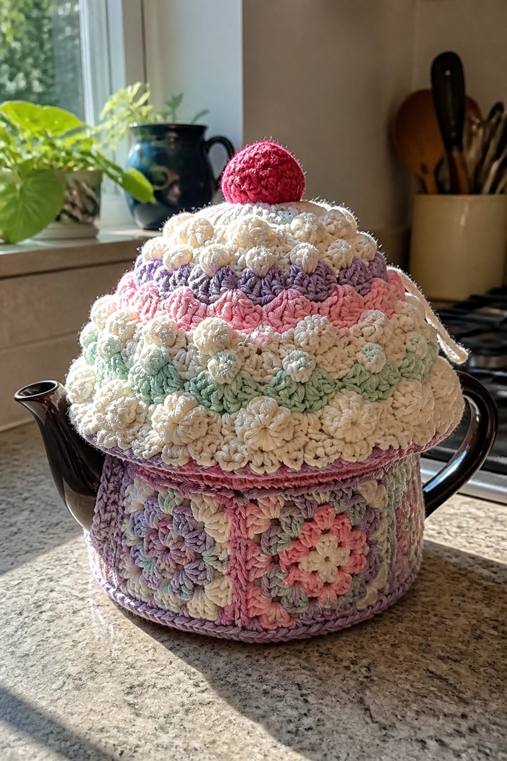 A crocheted tea cozy made of pastel granny squares covers a brown teapot on a kitchen counter.