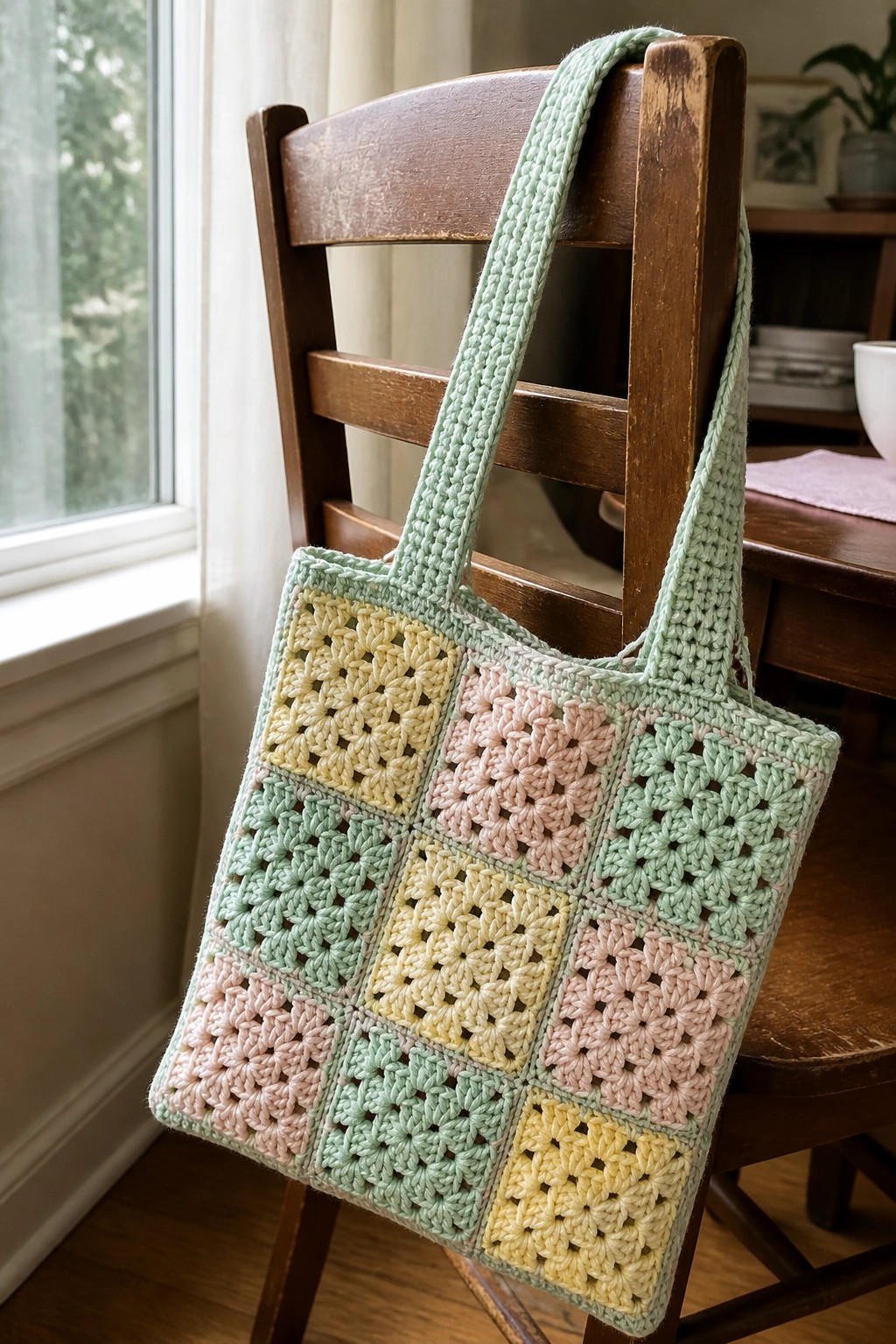 Pastel granny square crocheted tote bag on wooden chair back.