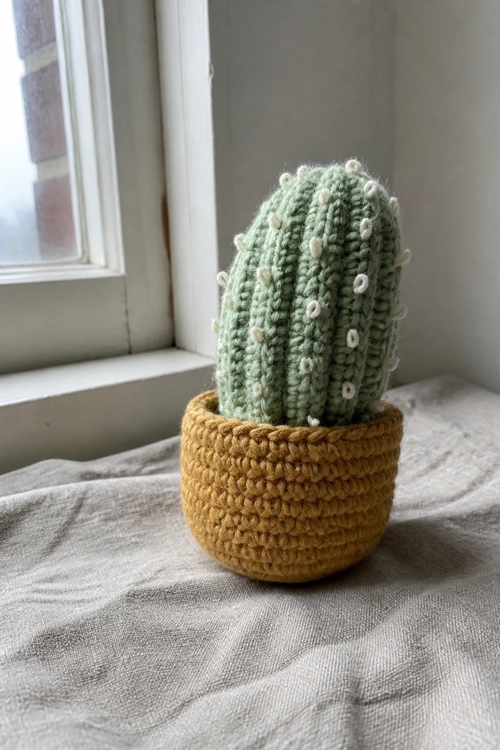 Light green crocheted cactus with white dots in a yellow pot on gray cloth