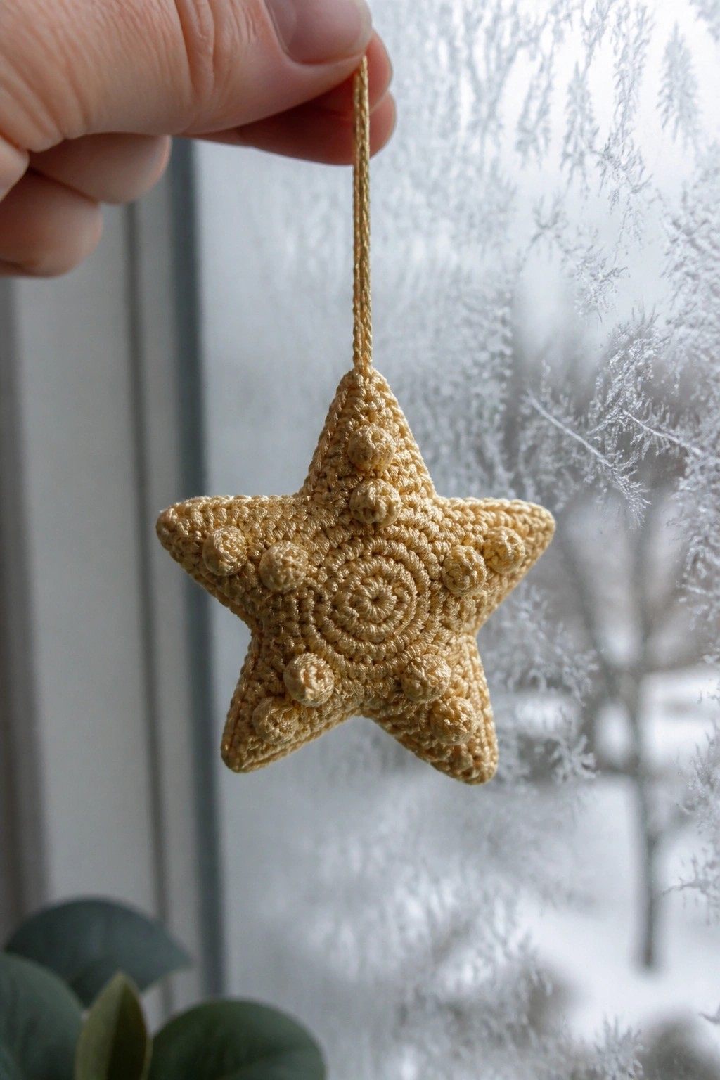 Hand holding golden crocheted star ornament by string against frosted window.