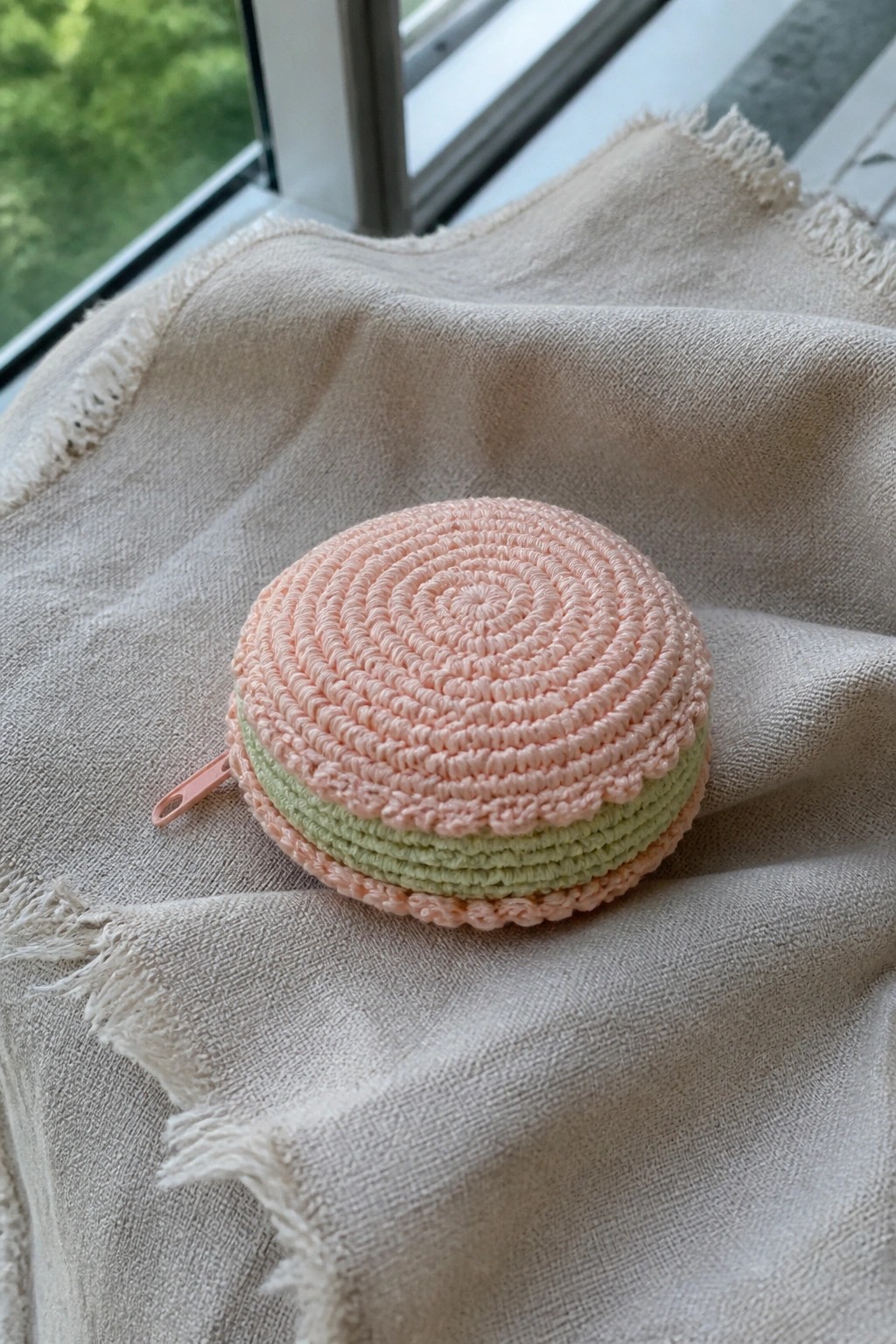 Pastel pink crocheted round pouch with green layers and zipper on beige fabric.