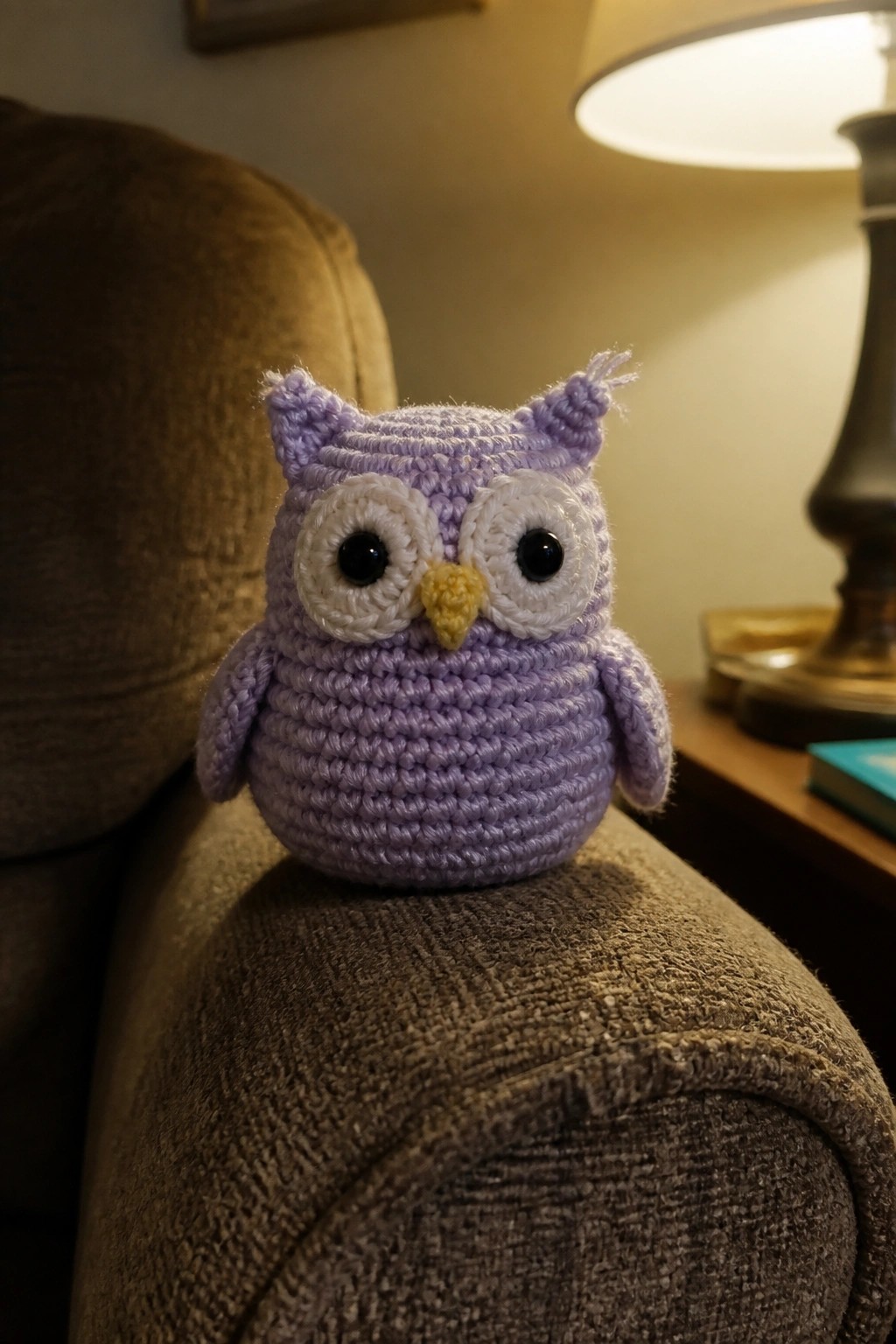 Crocheted purple owl with white eyes and yellow beak sits on brown couch arm