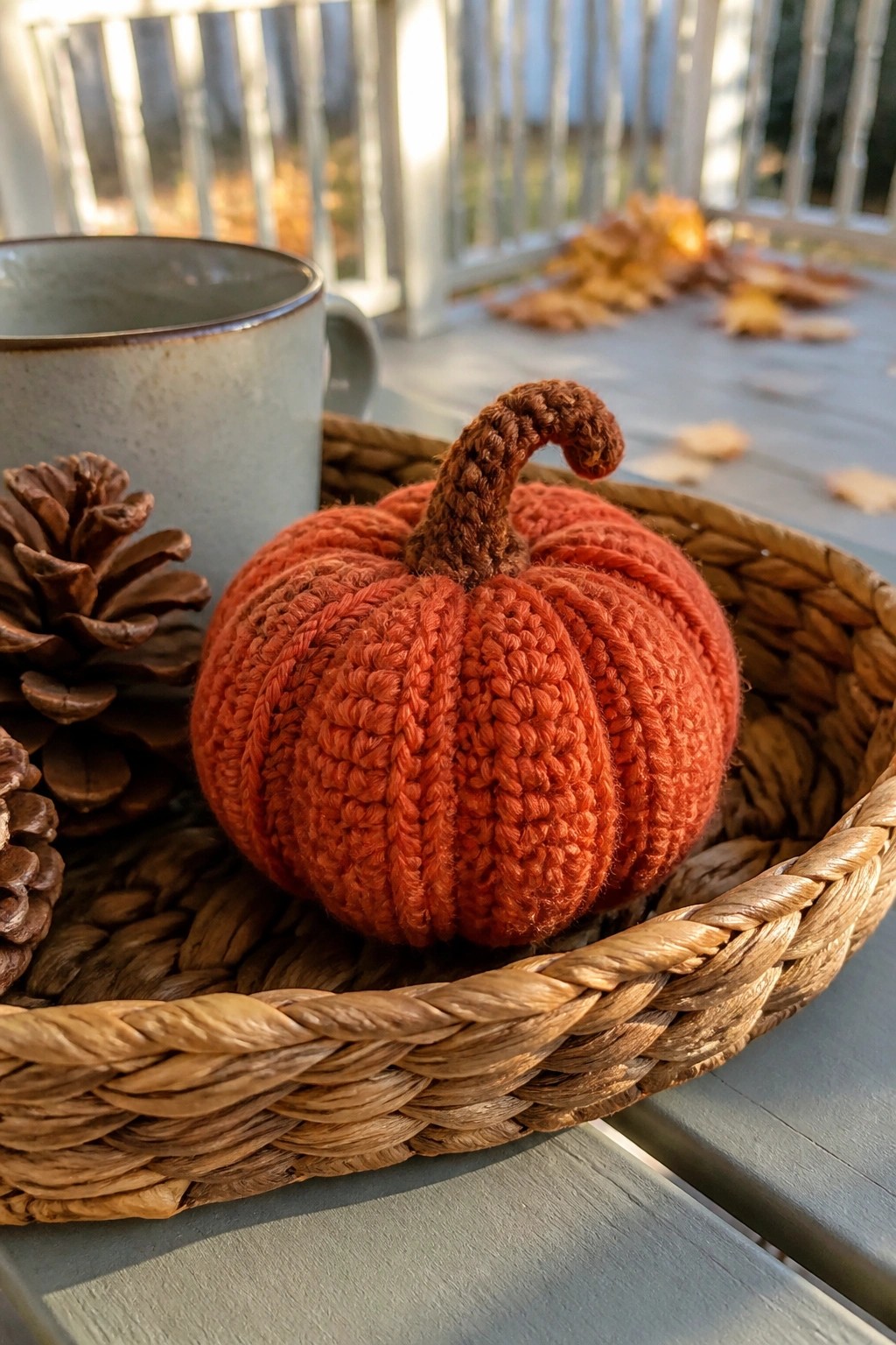 A small crocheted orange pumpkin with a brown stem rests inside a woven basket on a wooden table.